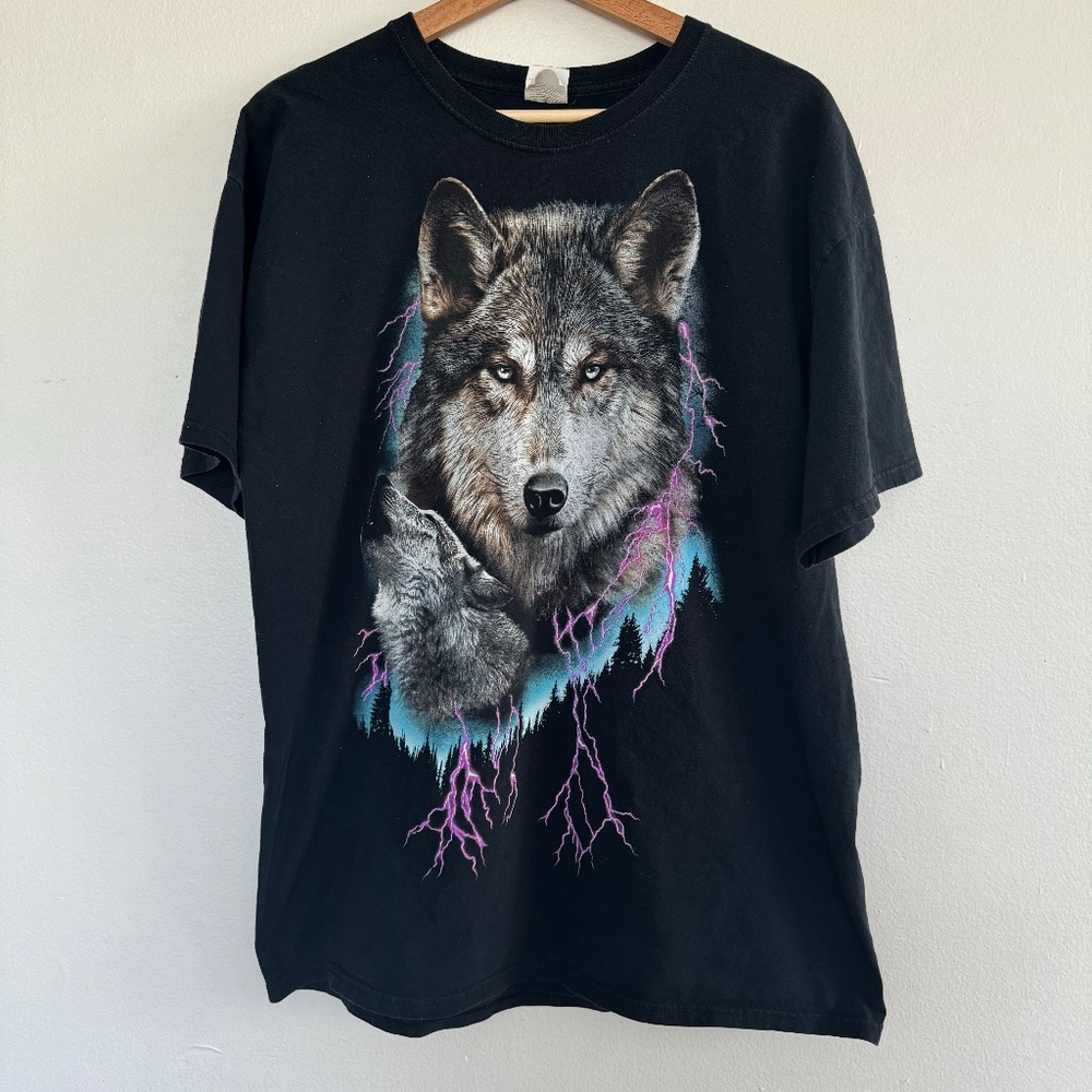Vintage Wolf T-Shirt Mens XL Black Thunder Lightning Wolves Animal Wildlife Tee